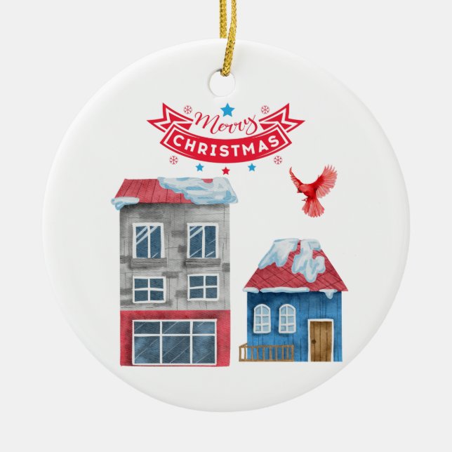 MERRY CHRISTMAS TOWN BUILDINGS RED CARDINAL BIRD CERAMIC ORNAMENT (Front)