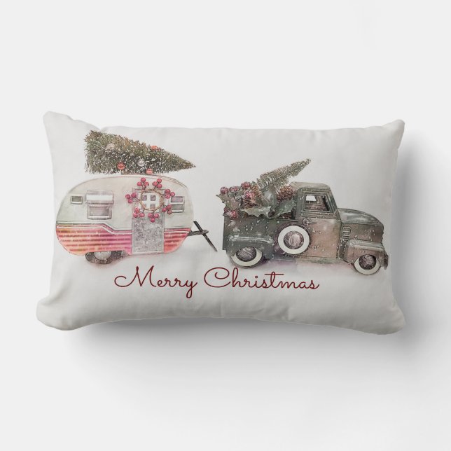 Merry Christmas Toy Truck and Travel Trailer Photo Lumbar Cushion (Front)
