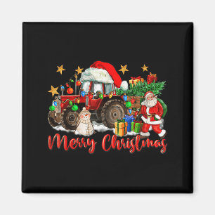 Merry Christmas Tractor With Santa Snowman Magnet