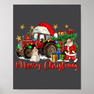 Merry Christmas Tractor With Santa Snowman  Poster
