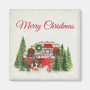 Merry Christmas Trailer Camper Rustic Scene Magnet