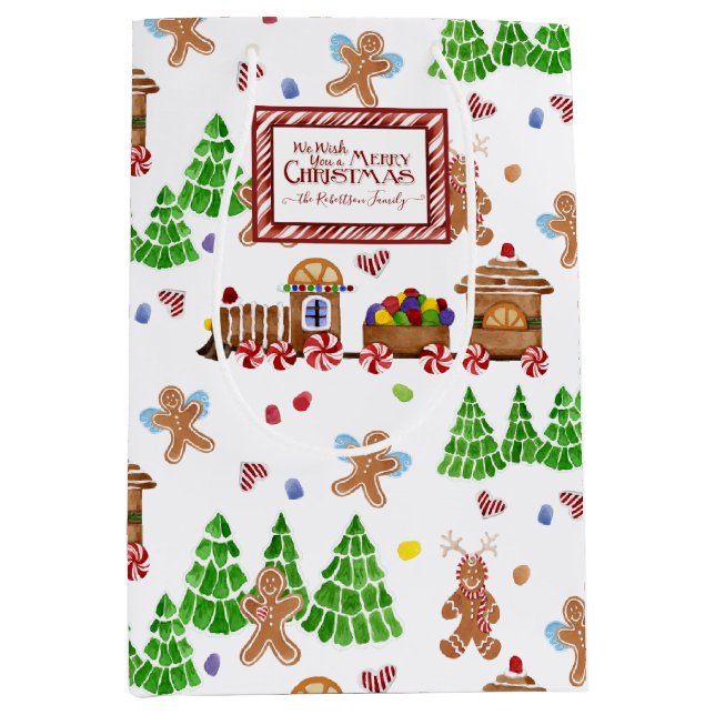 Merry Christmas Train Gingerbread Man Tree Family  Medium Gift Bag (Front)