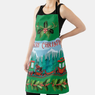 Merry Christmas Train on Green Apron