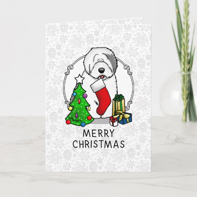 Merry Christmas Tree 2 Old English Sheepdog Gray 1 Card (Front)
