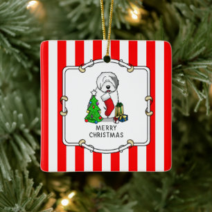 Merry Christmas Tree 2 Old English Sheepdog Grey 1 Ceramic Ornament