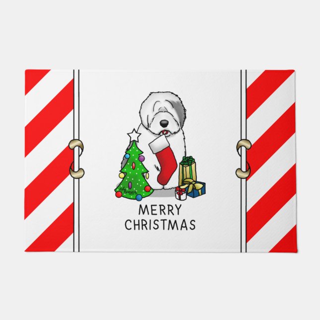 Merry Christmas Tree 2 Old English Sheepdog Grey 1 Doormat (Front)