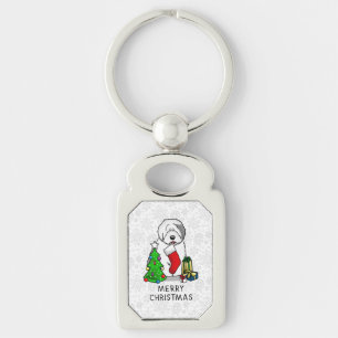 Merry Christmas Tree 2 Old English Sheepdog Grey 1 Key Ring