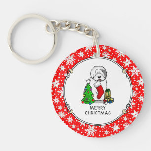 Merry Christmas Tree 2 Old English Sheepdog Grey 1 Key Ring