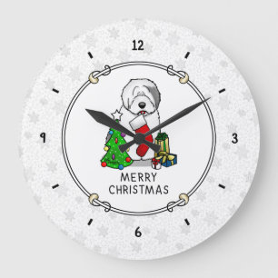 Merry Christmas Tree 2 Old English Sheepdog Grey 1 Large Clock