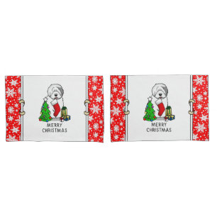 Merry Christmas Tree 2 Old English Sheepdog Grey 1 Pillowcase