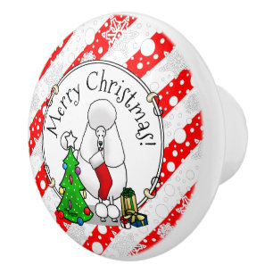 Merry Christmas Tree 2 Poodle (white) Dog Cute Ceramic Knob