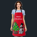 Merry Christmas Tree 3D Snowman Red Medium Apron<br><div class="desc">Merry Christmas Tree 3D Snowman Red Medium all-over printed apron. Cute cartoon decorated Christmas tree with a snowman and a Christmas greeting that you can personalise.</div>