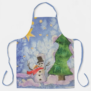Merry Christmas Tree And Frosty Snowman Watercolor Apron