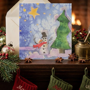 Merry Christmas Tree And Frosty Snowman Watercolor Card