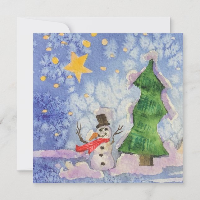 Merry Christmas Tree And Frosty Snowman Watercolor Card (Front)