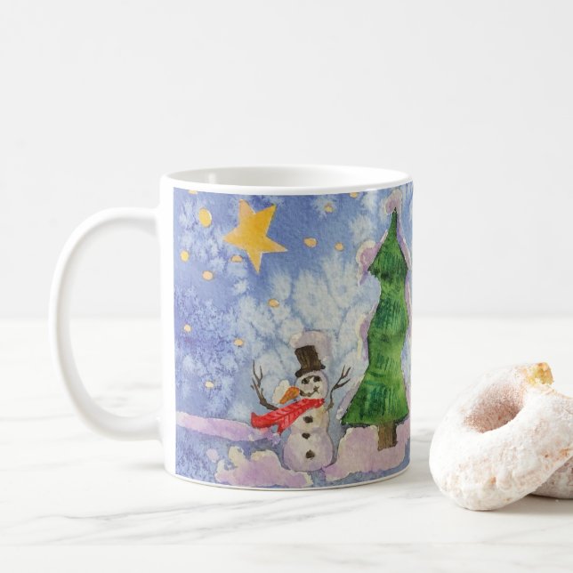 Merry Christmas Tree And Frosty Snowman Watercolor Coffee Mug (With Donut)