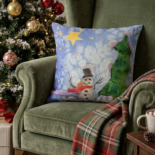Merry Christmas Tree And Frosty Snowman Watercolor Cushion
