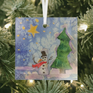 Merry Christmas Tree And Frosty Snowman Watercolor Glass Tree Decoration