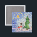 Merry Christmas Tree And Frosty Snowman Watercolor Magnet<br><div class="desc">Square Shaped Magnet printed with Merry Christmas Tree And Frosty Snowman Watercolor painting original artwork design and select products collection by TheFabricSeal print on demand shop at Zazzle.com #ZazzleMade https://www.zazzle.com/store/thefabricseal TheFabricSeal©️Original. This cheerfully fun design image print is a hand painted watercolor painting is a whimsical wintertime season landscape scene with...</div>