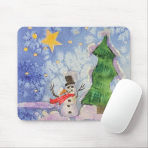 Merry Christmas Tree And Frosty Snowman Watercolor Mouse Pad