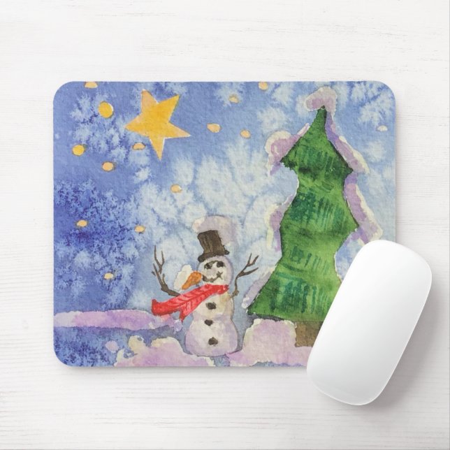 Merry Christmas Tree And Frosty Snowman Watercolor Mouse Pad (With Mouse)