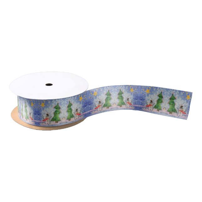 Merry Christmas Tree And Frosty Snowman Watercolor Satin Ribbon (Spool)