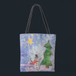 Merry Christmas Tree And Frosty Snowman Watercolor Tote Bag<br><div class="desc">Tote Bag all over print style over the shoulder style fashion statement accessory printed with Merry Christmas Tree And Frosty Snowman Watercolor painting original artwork design and select products collection by TheFabricSeal print on demand shop at Zazzle.com #ZazzleMade https://www.zazzle.com/store/thefabricseal TheFabricSeal©️Original. This cheerfully fun design image print is a hand painted...</div>