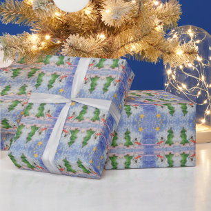 Merry Christmas Tree And Frosty Snowman Watercolor Wrapping Paper