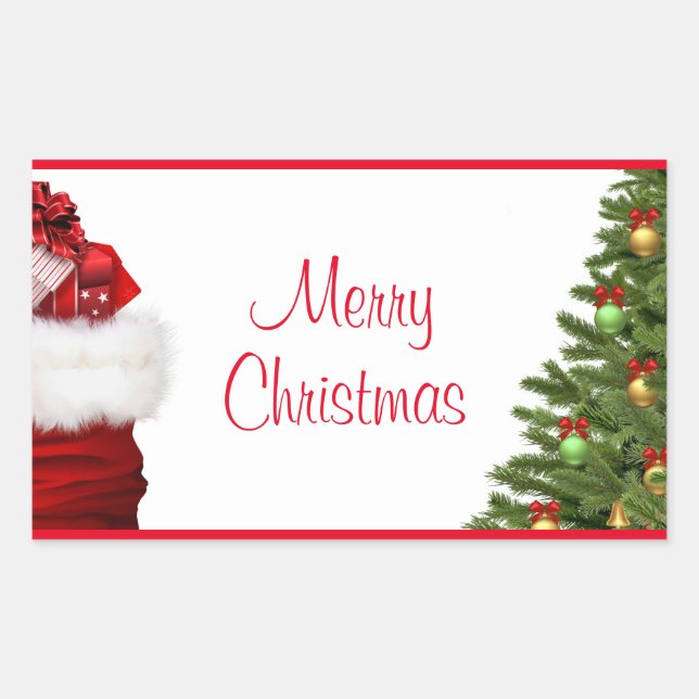 Merry Christmas Tree And Gifts Template Elegant Rectangular Sticker (Front)