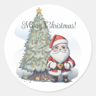 Merry Christmas Tree and Santa Classic Round Sticker