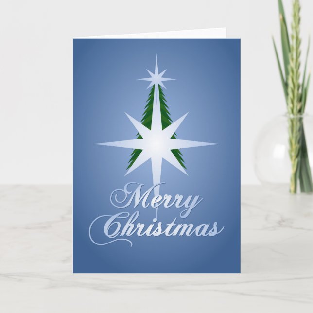 Merry Christmas Tree Bethlehem Star (Blue) Holiday Card (Front)