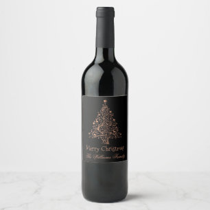 Merry Christmas Tree Black Brown Copper Elegant Wine Label