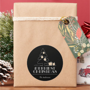 Merry Christmas Tree Black Classic Round Sticker