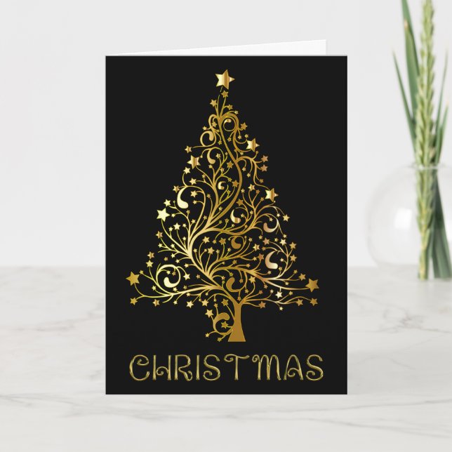 Merry Christmas Tree Black Gold Shiny Typography Holiday Card (Front)