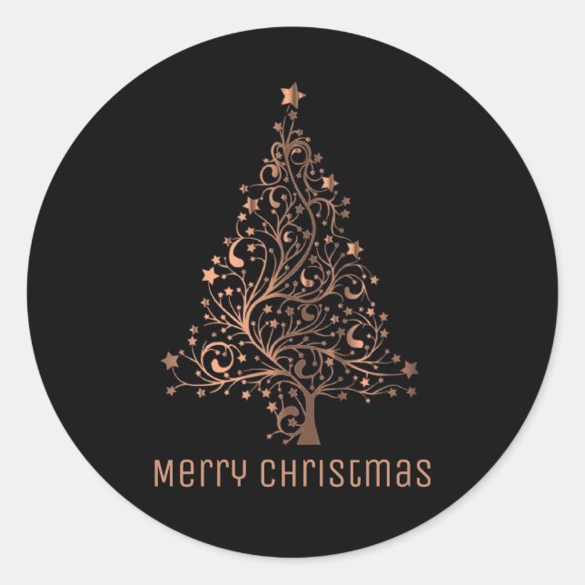 Merry Christmas Tree Black Metallic Brown Copper Classic Round Sticker (Front)