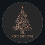 Merry Christmas Tree Black Metallic Brown Copper Classic Round Sticker<br><div class="desc">Merry Christmas Text Christmas Tree Stars Black Background Shiny Metallic Brown Copper Chic Stickers</div>