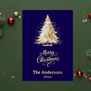 Merry Christmas tree blue gold photo year review Foil Holiday Card