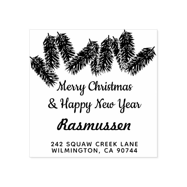 Merry Christmas tree branche Family Return Address Rubber Stamp (Imprint)