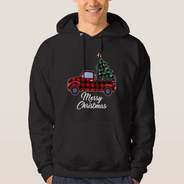 Merry Christmas Tree Buffalo Plaid Red Truck Hoodie (Front)