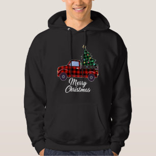 Merry Christmas Tree Buffalo Plaid Red Truck Hoodie