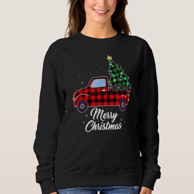 Merry Christmas Tree Buffalo Plaid Red Truck Sweatshirt (Front)