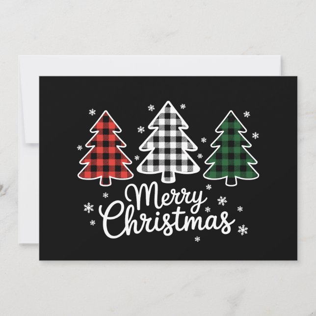 Merry Christmas Tree Buffalo Plaid Red White Green Holiday Card (Front)