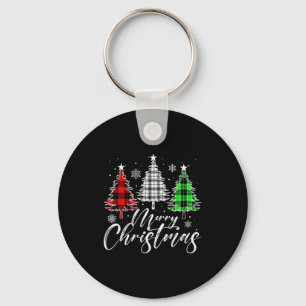 Merry Christmas Tree Buffalo Plaid Red White Green Key Ring
