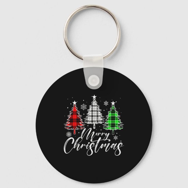 Merry Christmas Tree Buffalo Plaid Red White Green Key Ring (Front)