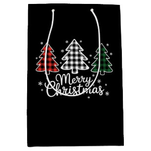 Merry Christmas Tree Buffalo Plaid Red White Green Medium Gift Bag