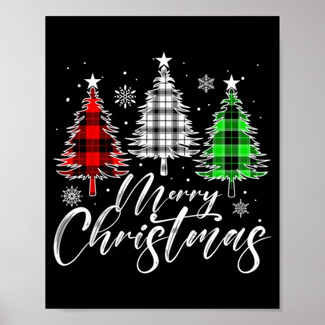 Merry Christmas Tree Buffalo Plaid Red White Green Poster (Front)