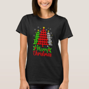 Merry Christmas Tree Buffalo Plaid Red White Green T-Shirt