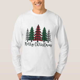 Merry Christmas Tree Buffalo Plaid Red White Green T-Shirt