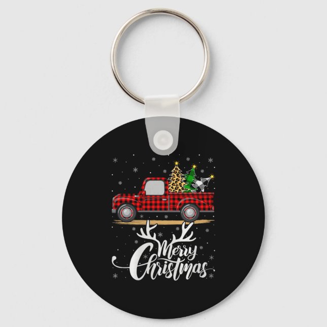 Merry Christmas Tree Buffalo Plaid Truck Family Gr Key Ring (Front)