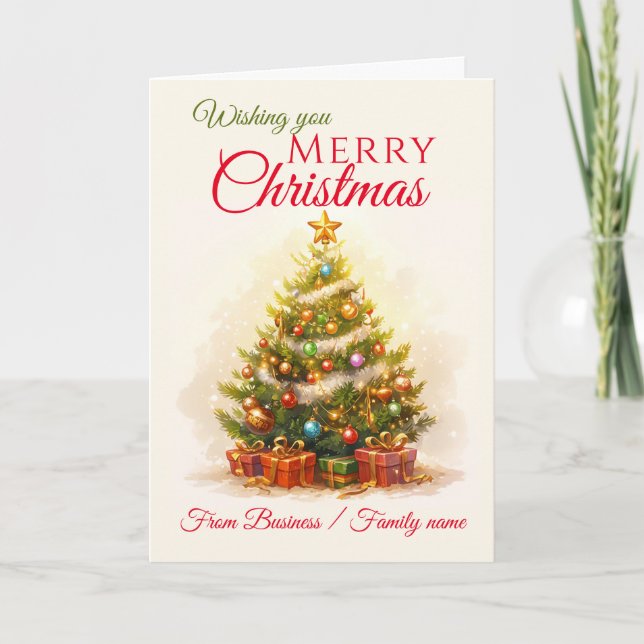 Merry Christmas Tree Business Family Name Holiday Card (Front)